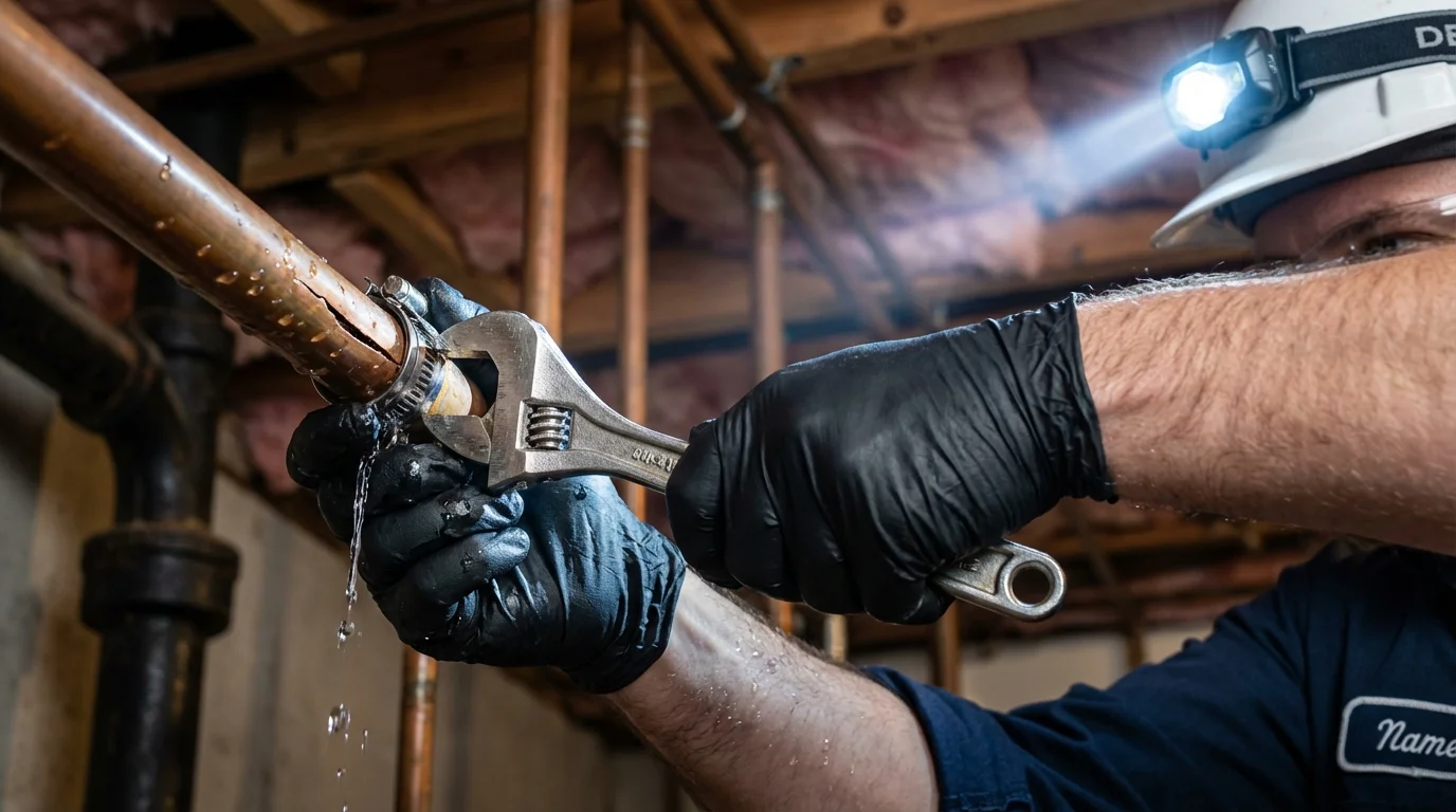 Emergency pipe clamp repair being performed by a Johns Plumbing LLC plumber in Akron