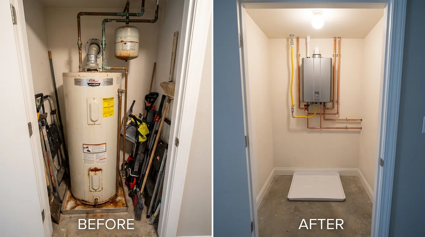 Tank water heater versus wall-mounted tankless unit comparison for Akron, IA homeowners
