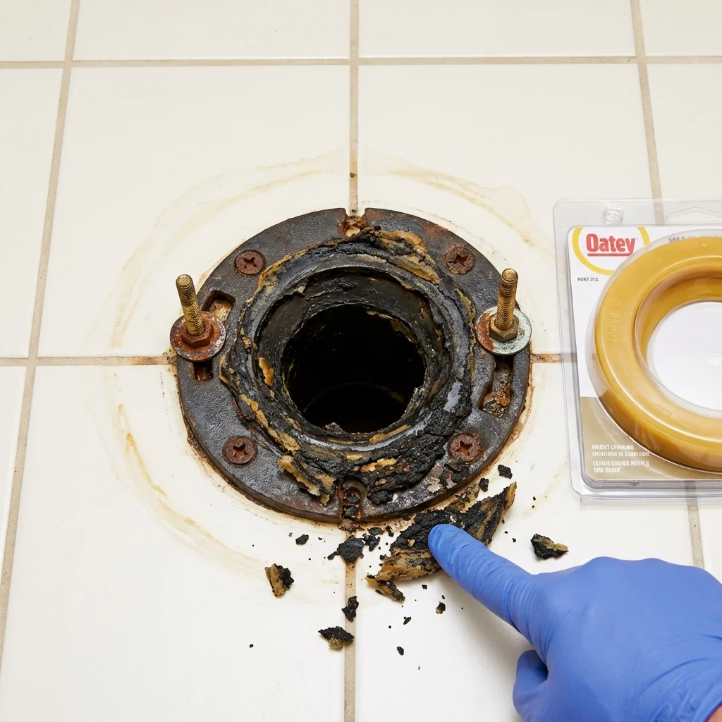 Failed wax ring showing water seepage at the base of a toilet in a Akron, IA home