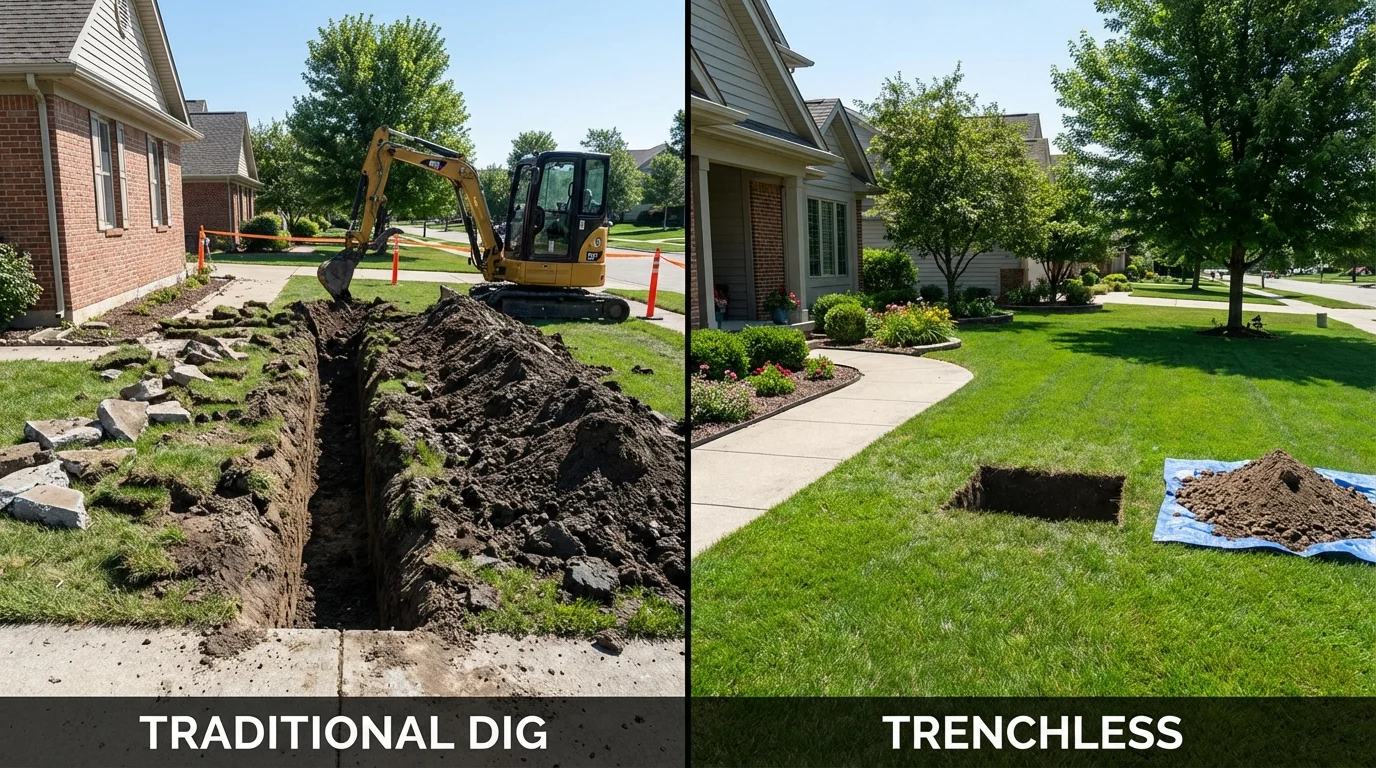 Trenchless sewer repair with minimal yard damage versus traditional excavation in Akron, IA